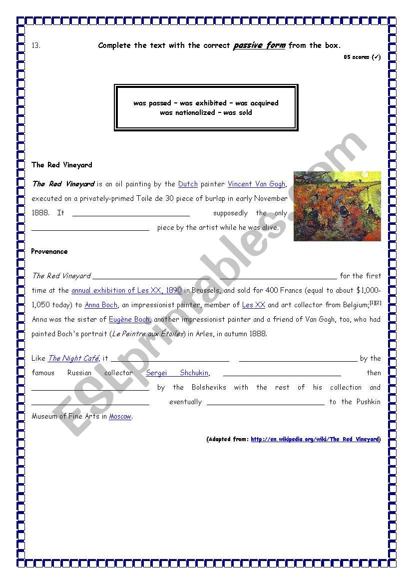 Van Gogh test part 2 worksheet