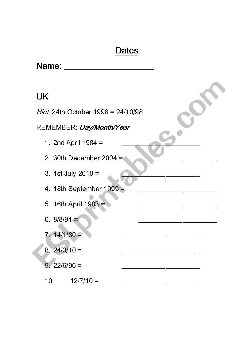 Dates Worksheet worksheet