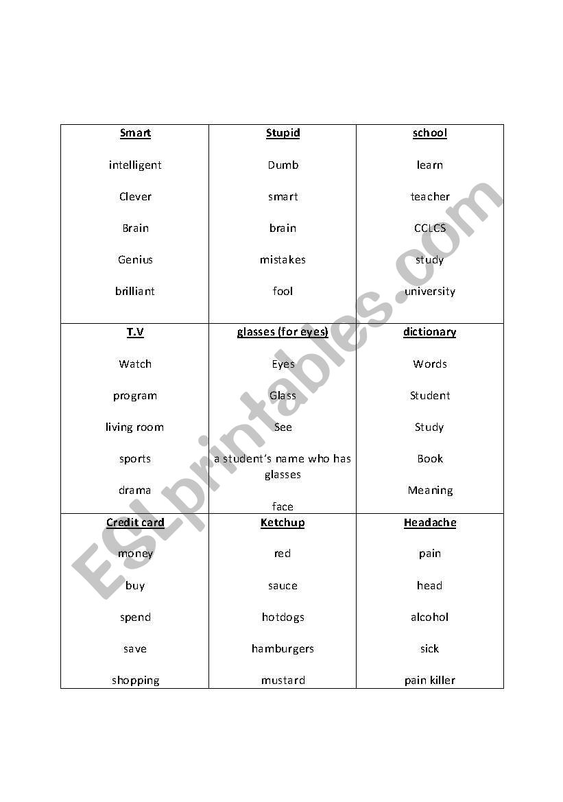 taboo cards worksheet