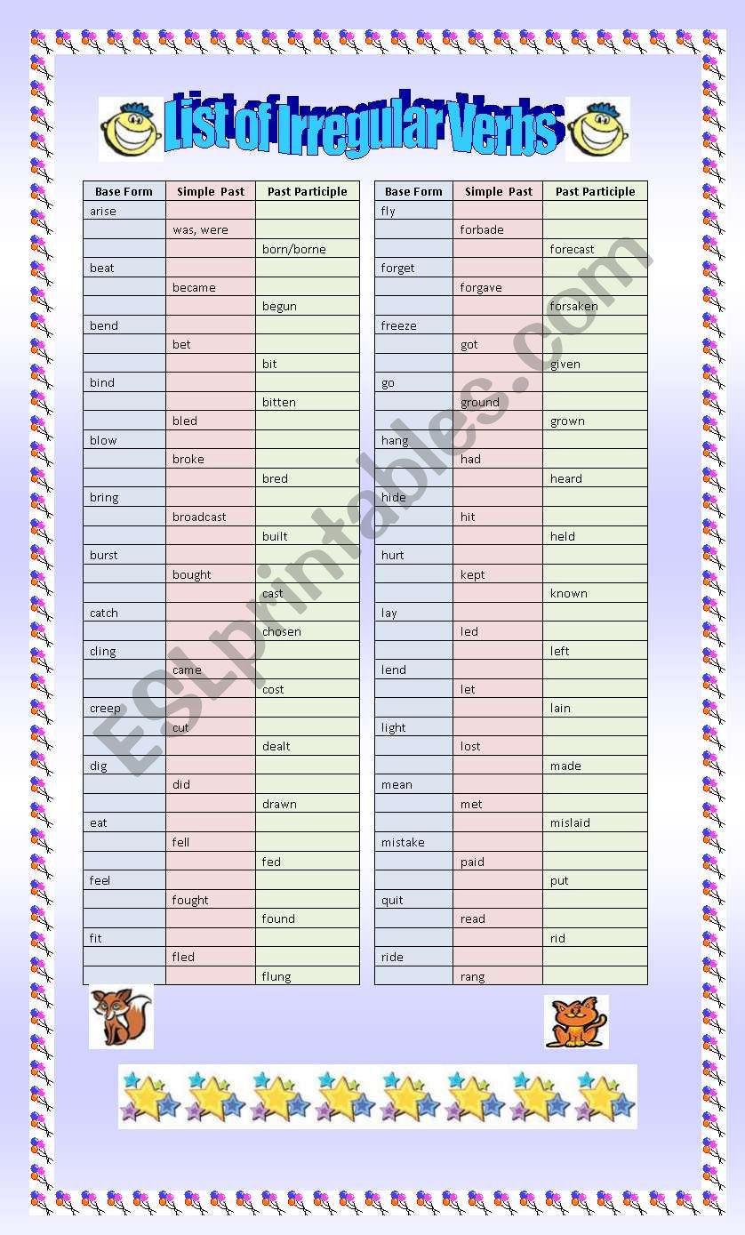 List of Irregular Verbs - ESL worksheet by Novita79