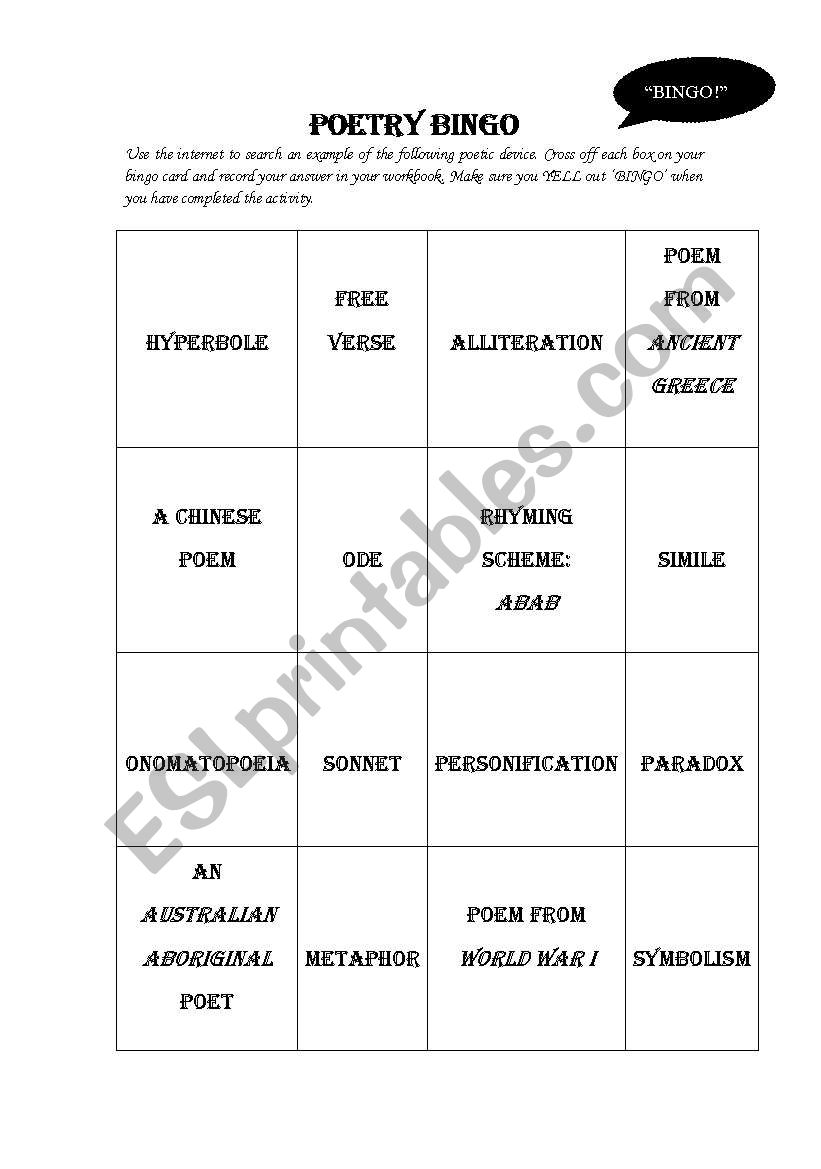 poetry bingo worksheet