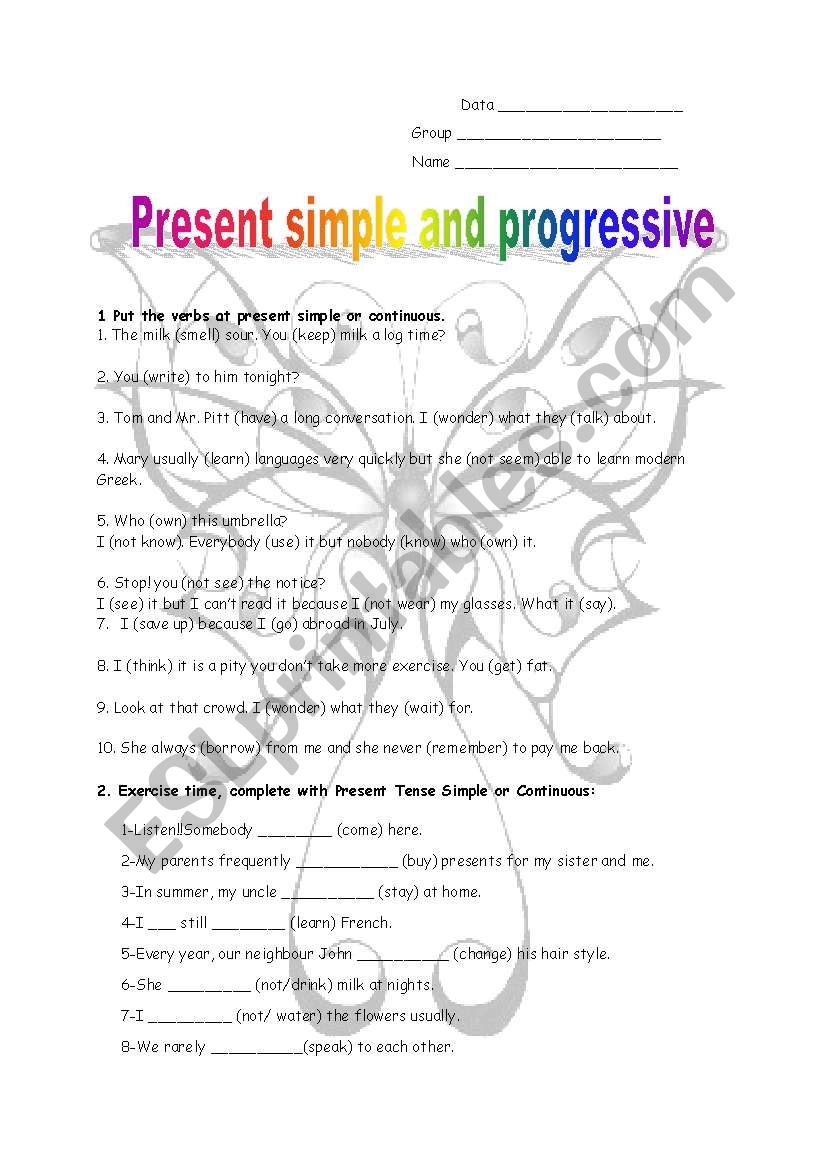 Present simple and continuous worksheet