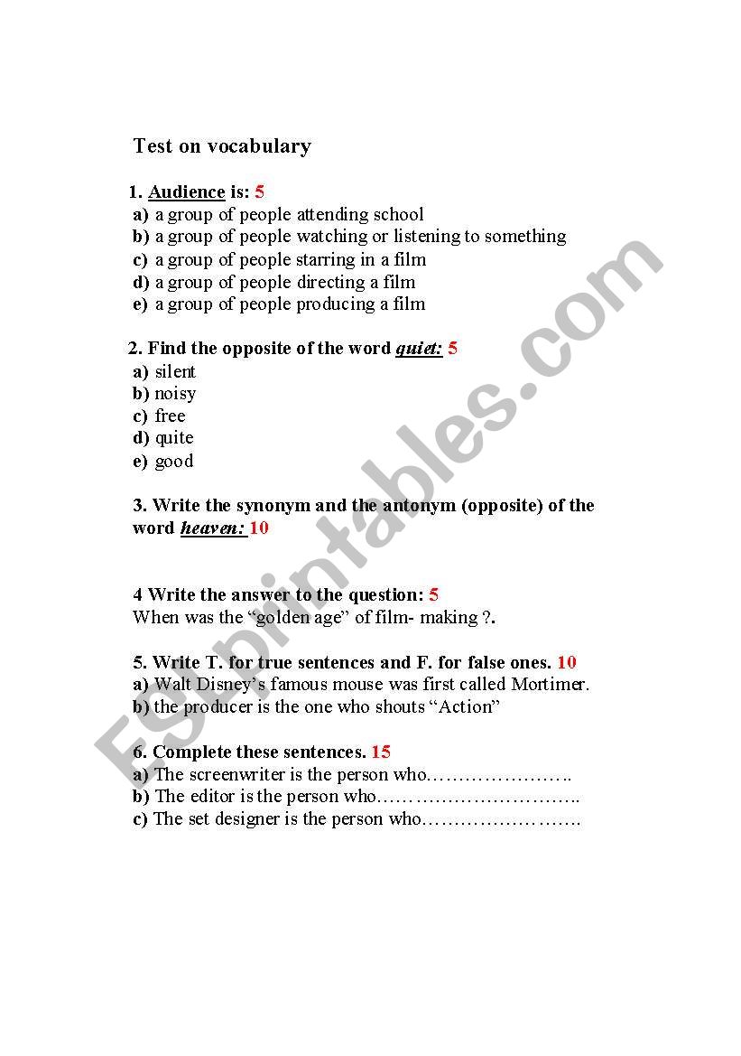 vocab test worksheet