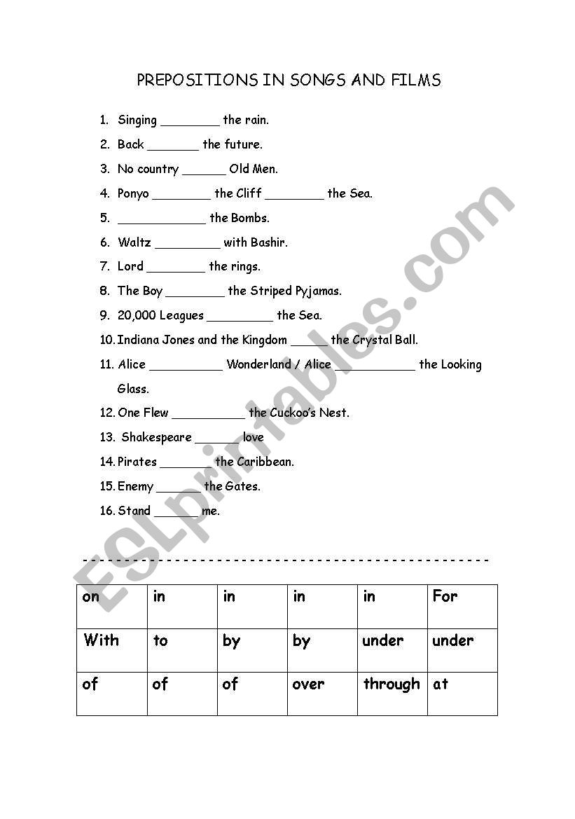 Prepositions in songs and films