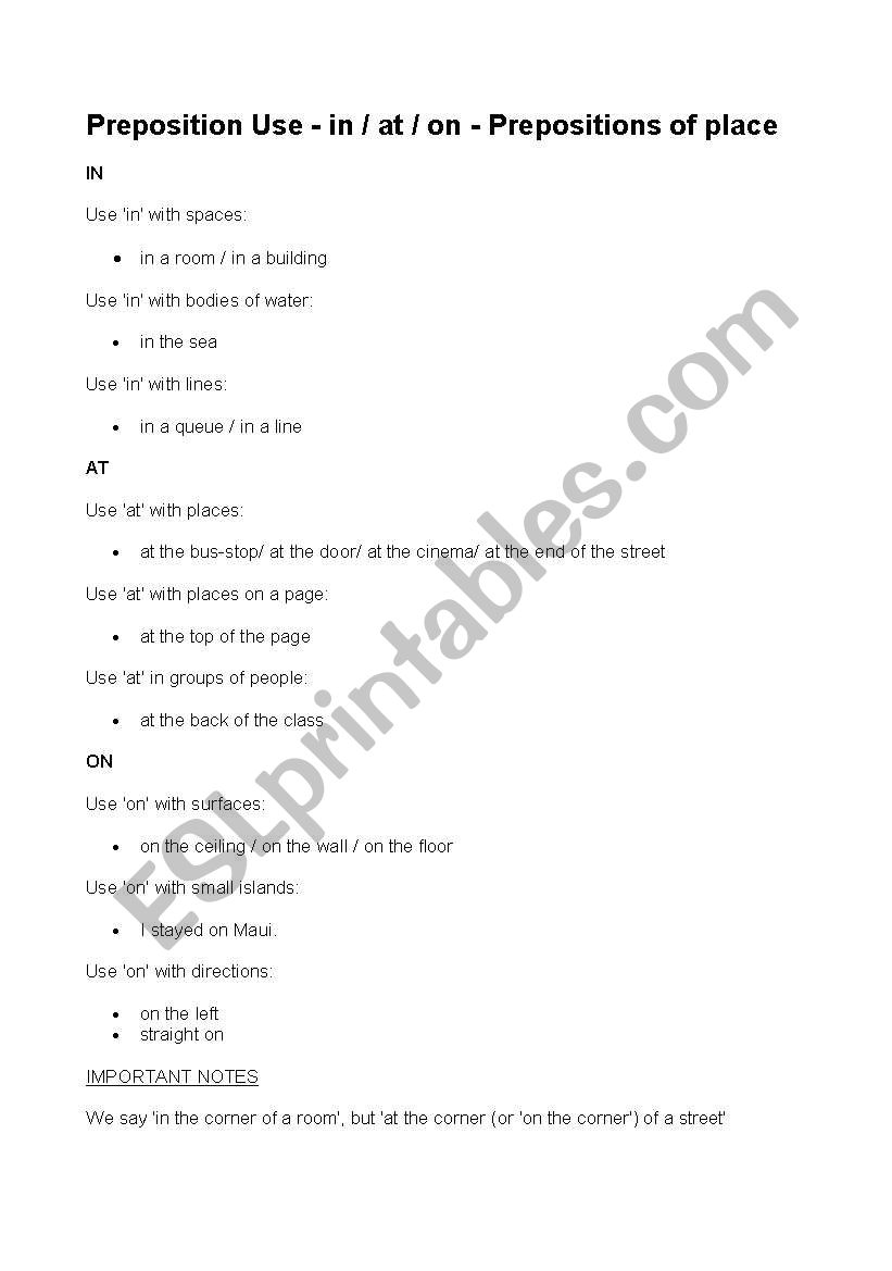 Use of Prepositions worksheet