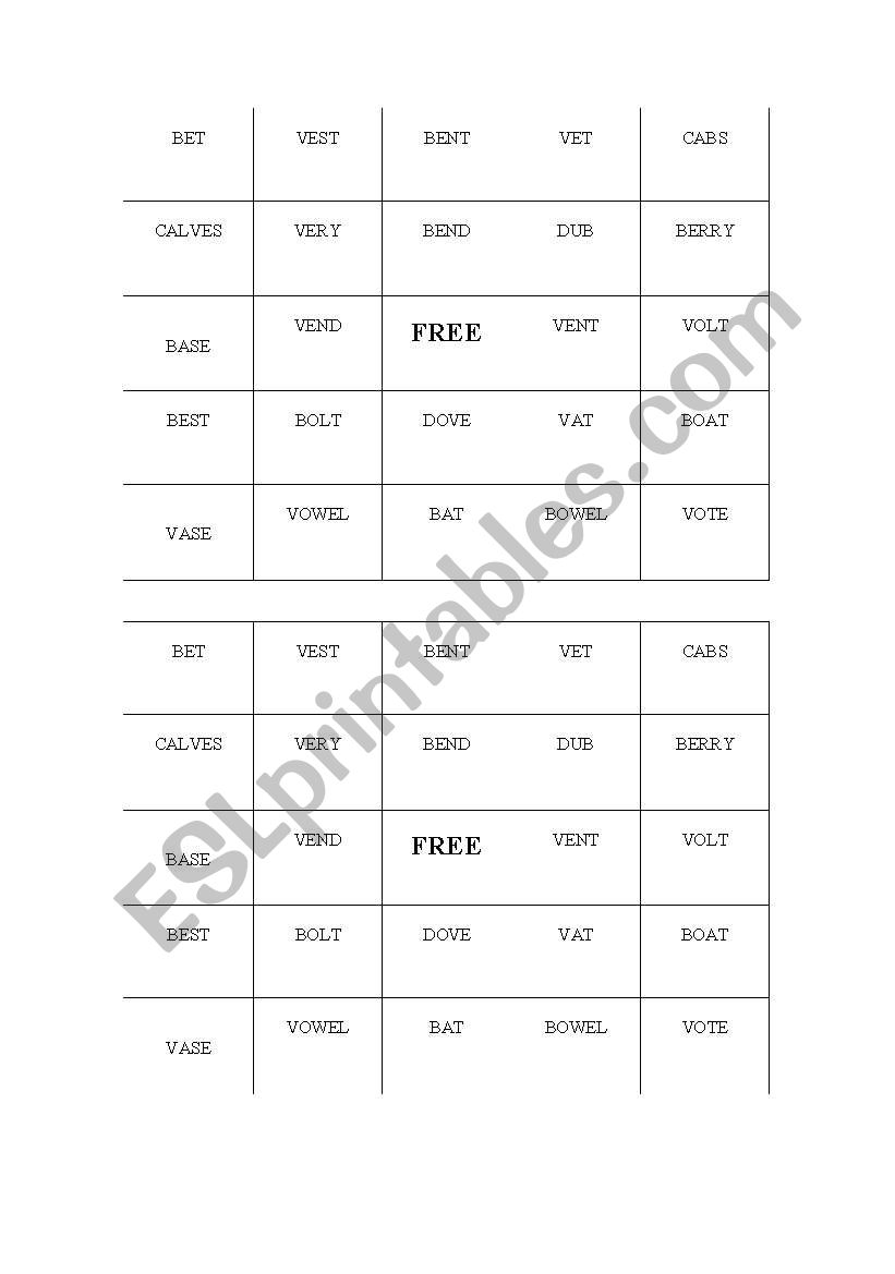 B vs. V Bingo worksheet