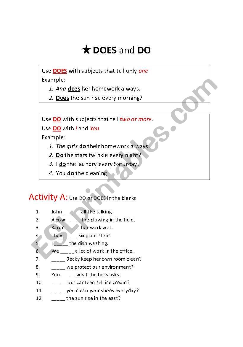 does and do worksheet