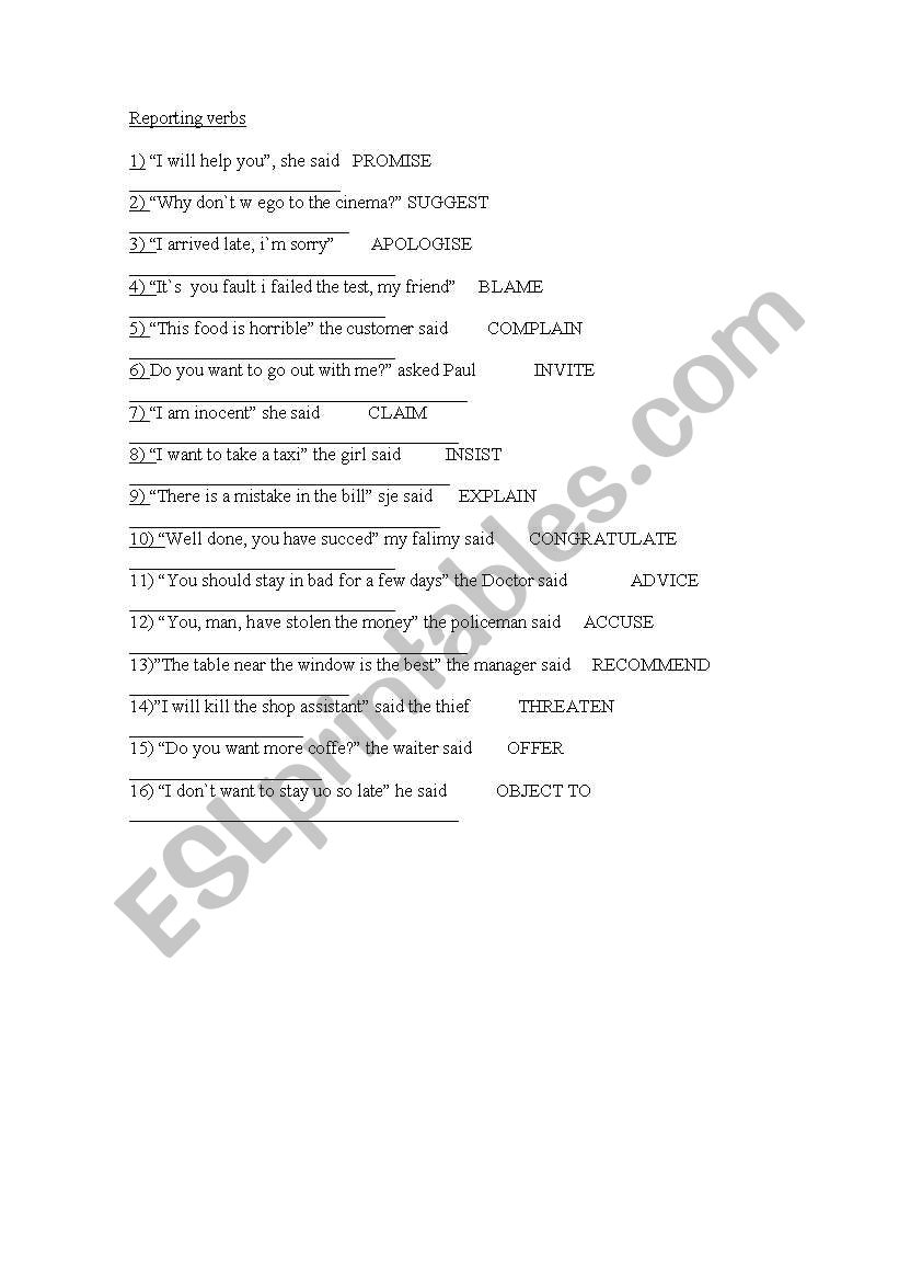 reporing verbs worksheet