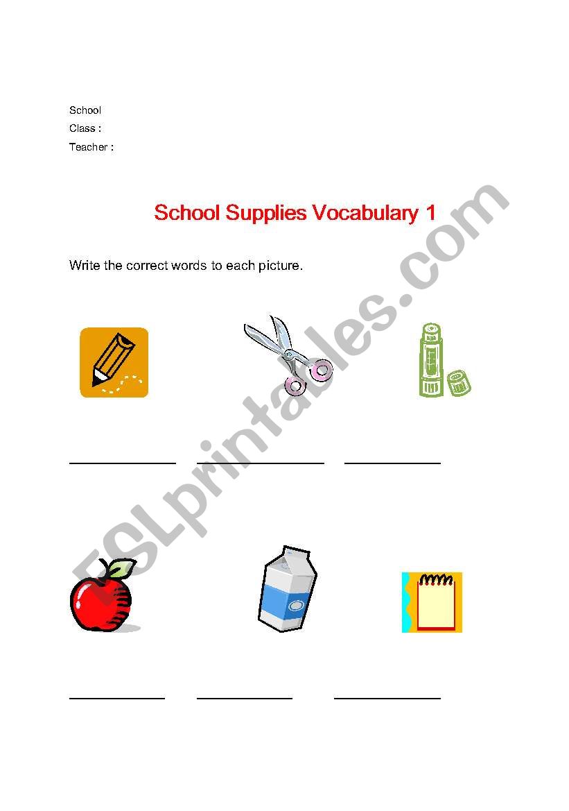 School supplies worksheet