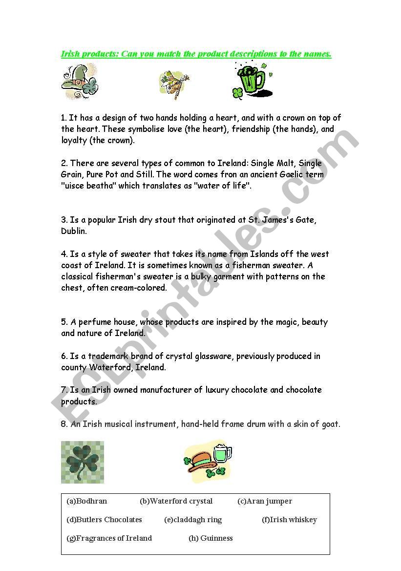 Irish products worksheet