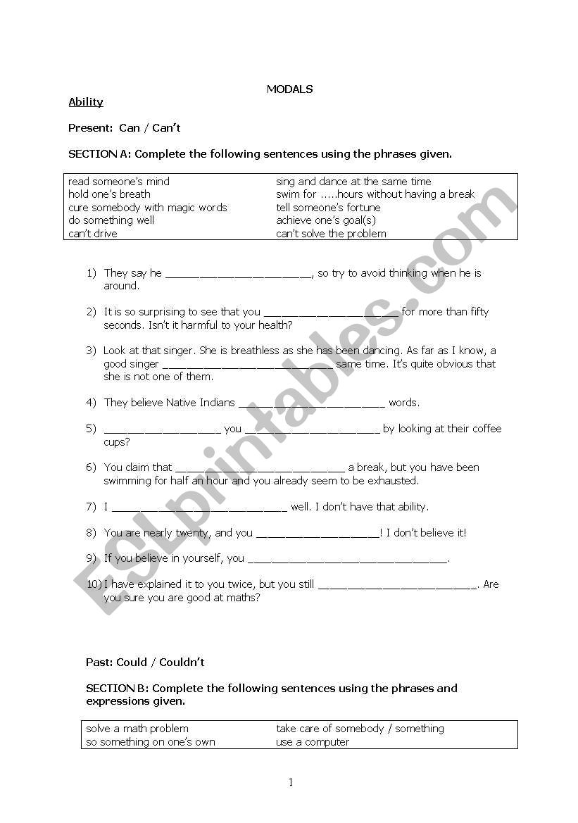 Modals Revision worksheet