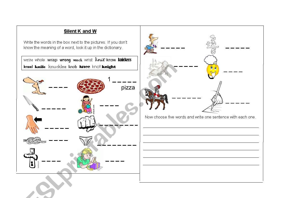 silent K and silent W words worksheet