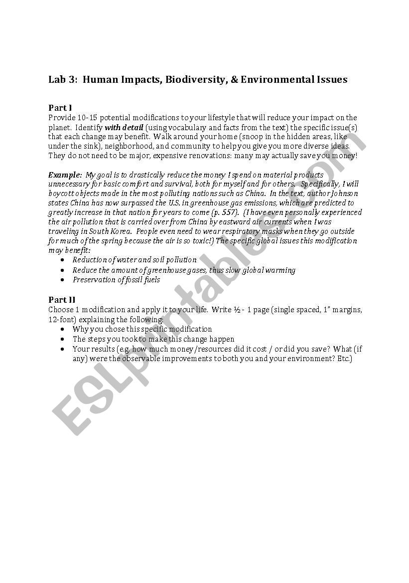 Human Impacts, Biodiversity, & Environmental Issues Experiment