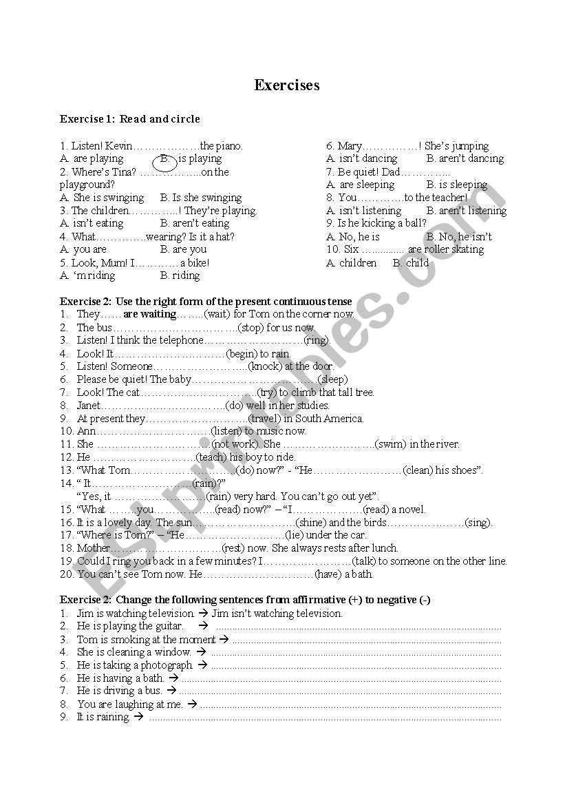 present continuous exercises worksheet