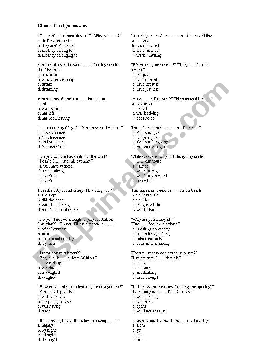 test on tenses worksheet