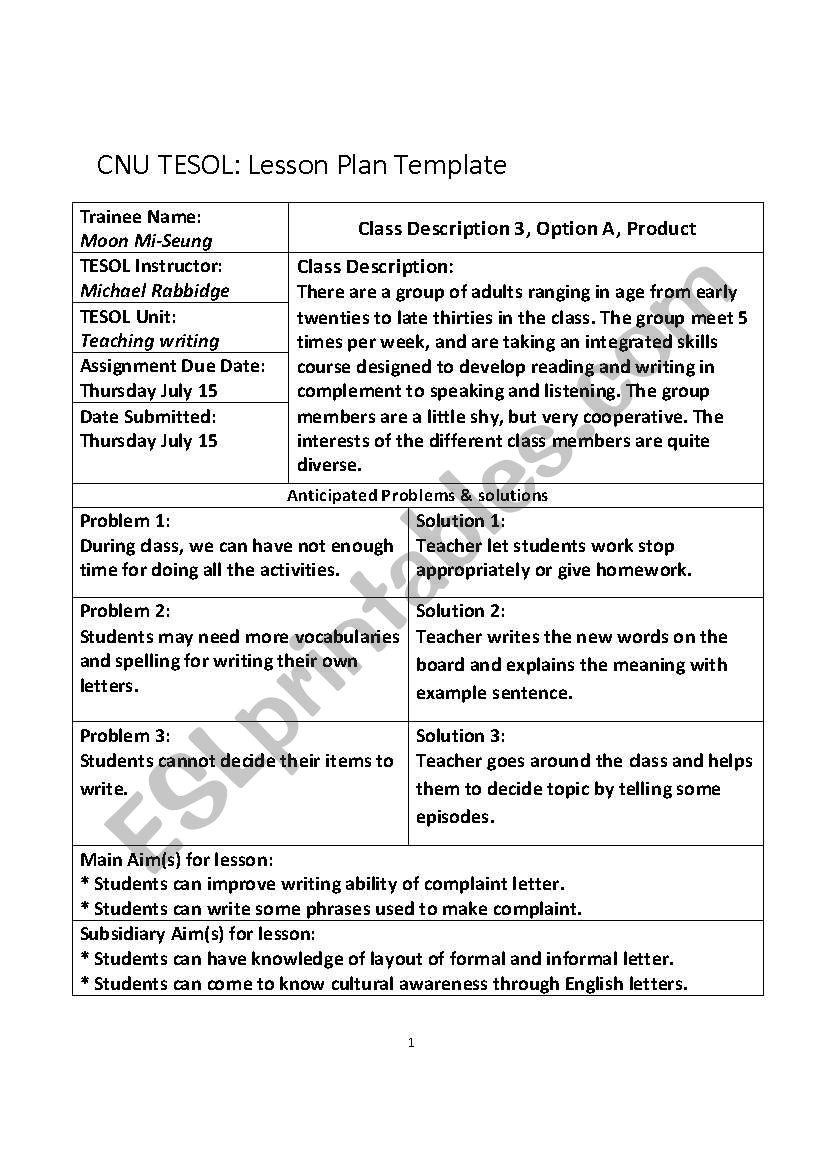 Complaint Writing Lesson Plan Product ESL Worksheet By Skylake36