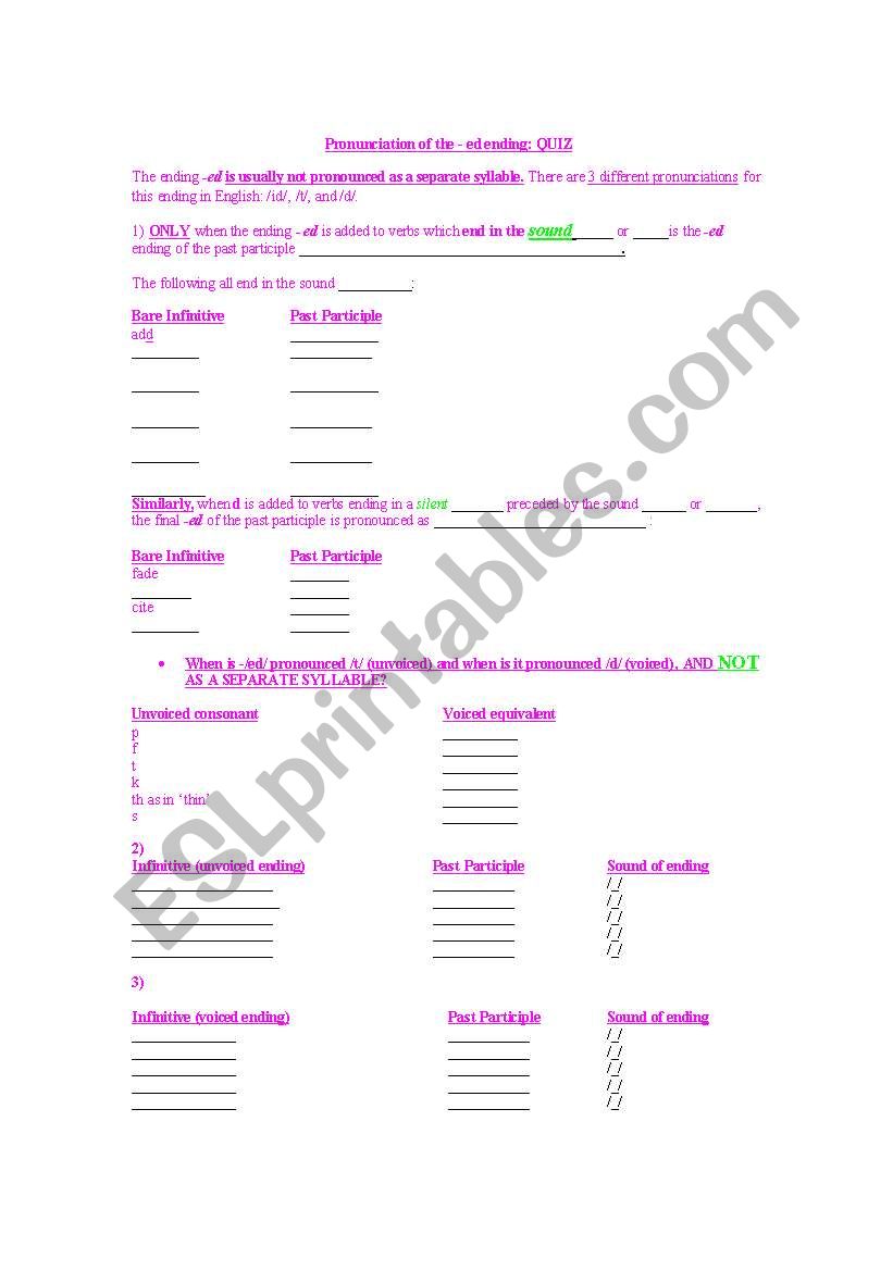 /-ed/ endings Quiz worksheet