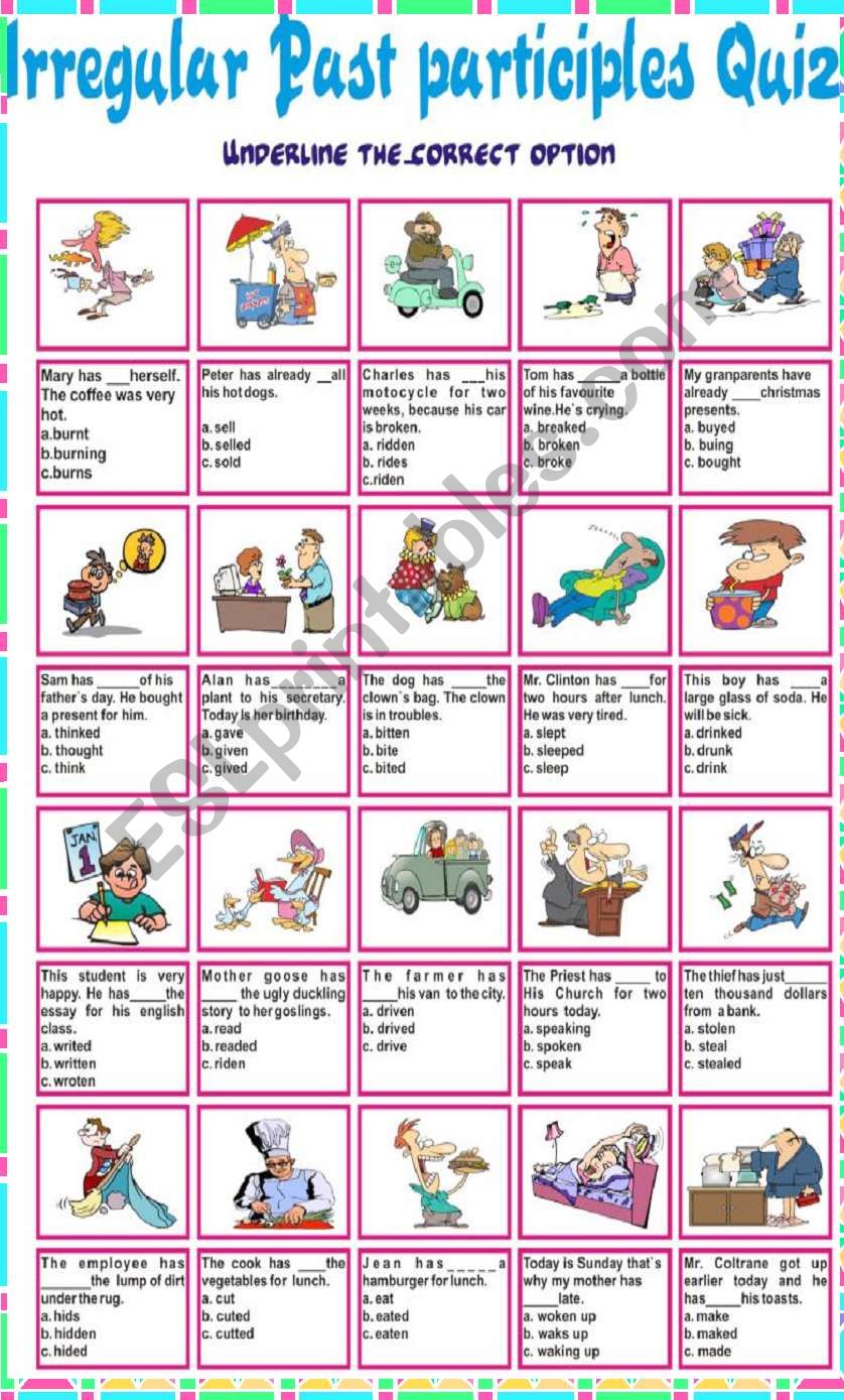  Irregular past Participles Quiz ESL Worksheet By Mafaldita2009