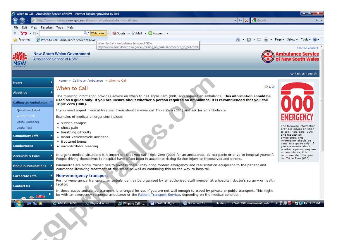 When to call an ambulance worksheet