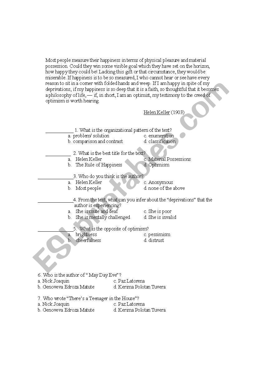 assessment tools. worksheet