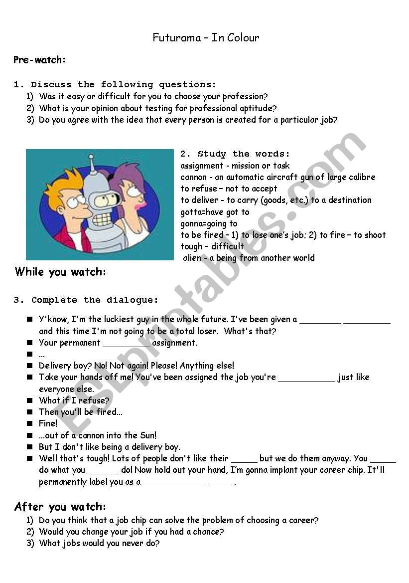 Futurama - choosing a job worksheet