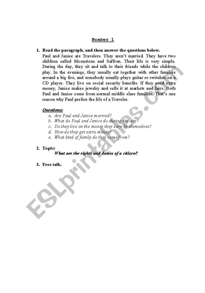 oral test for students worksheet