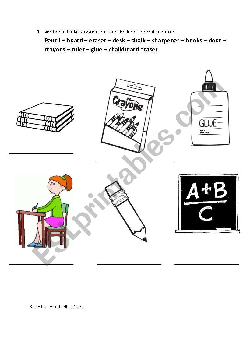 Classroom Items worksheet