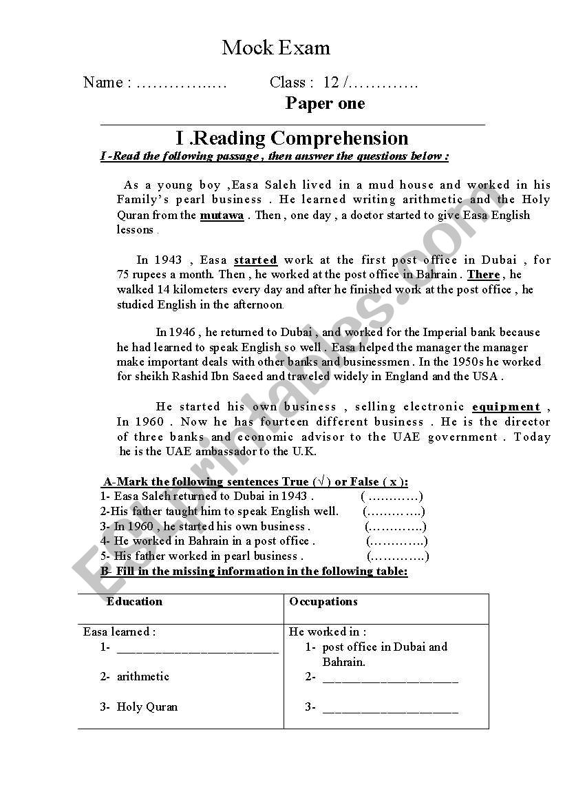 Mock Exam worksheet