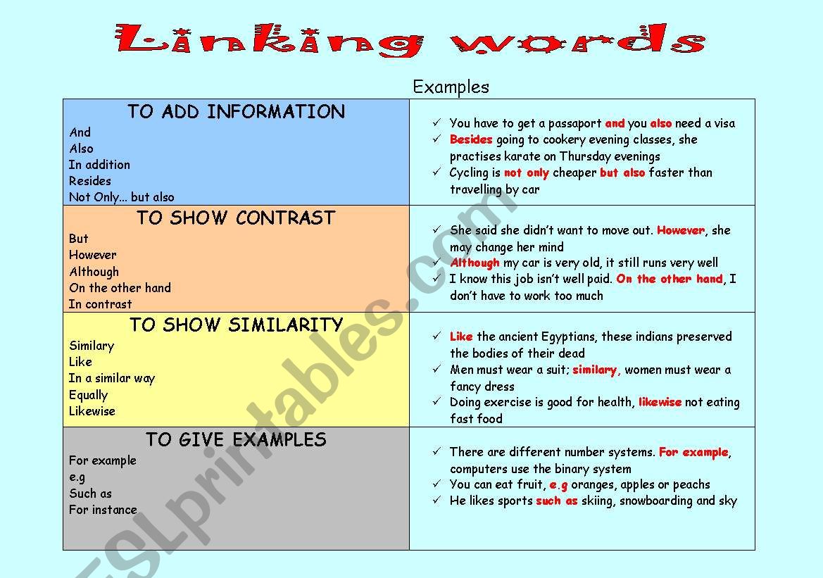 linking words worksheet