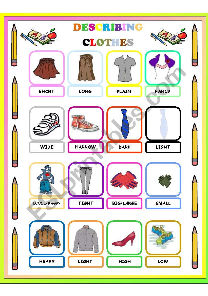 ADJECTIVES TO DESCRIBE CLOTHES PICTIONARY ESL Worksheet By Marlene010284