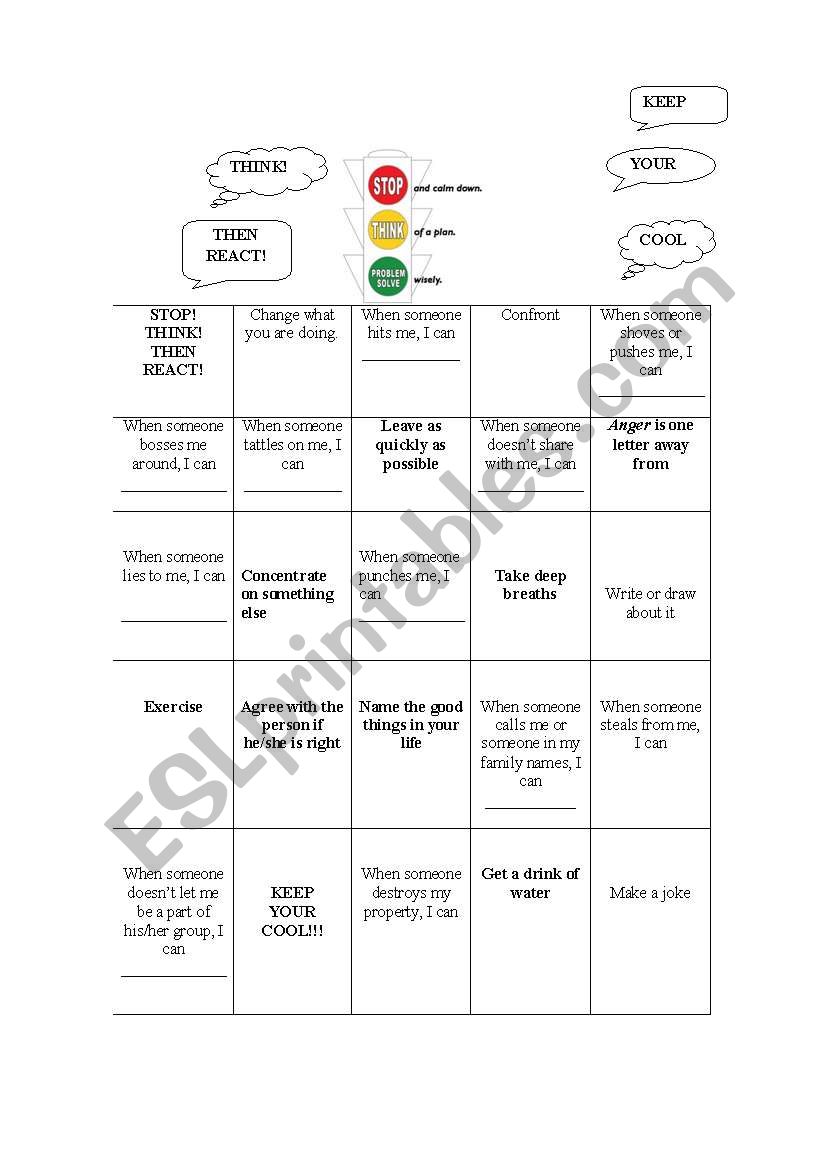Anger Bingo worksheet