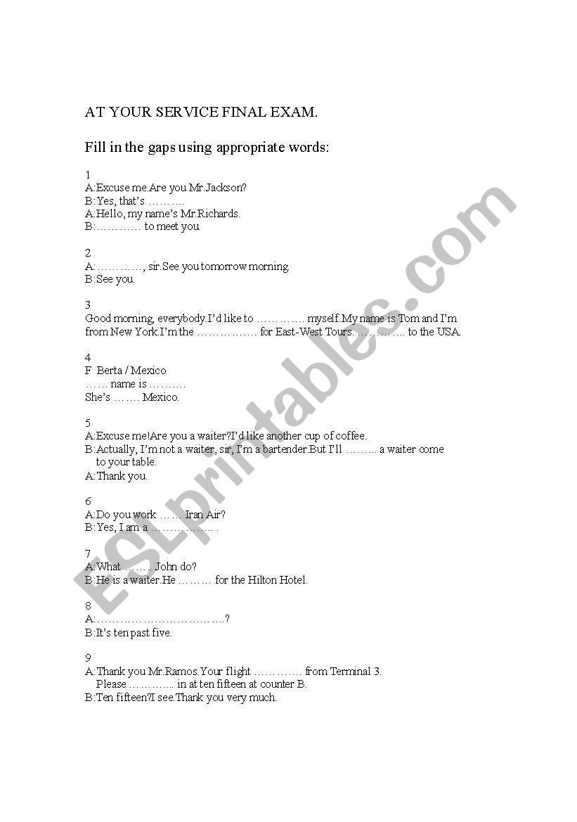 At your service Final Exam worksheet