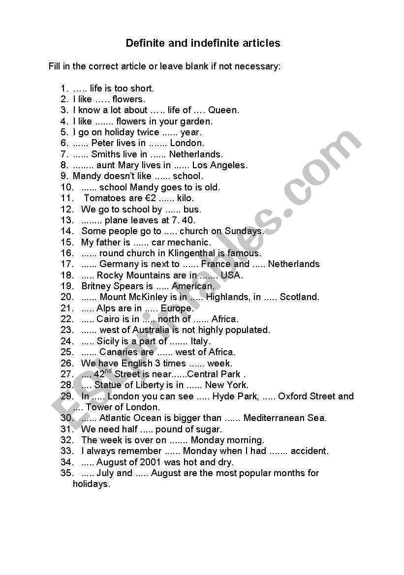 Articles worksheet