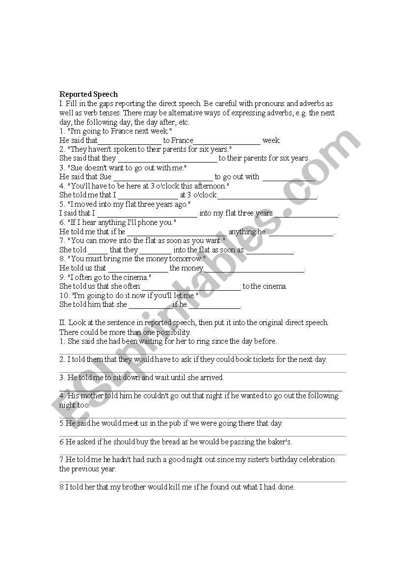 reported speech worksheet