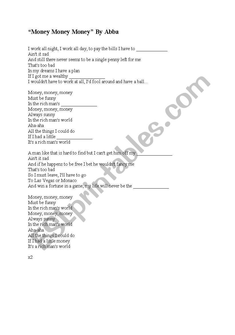 Money Money Money, by ABBA worksheet