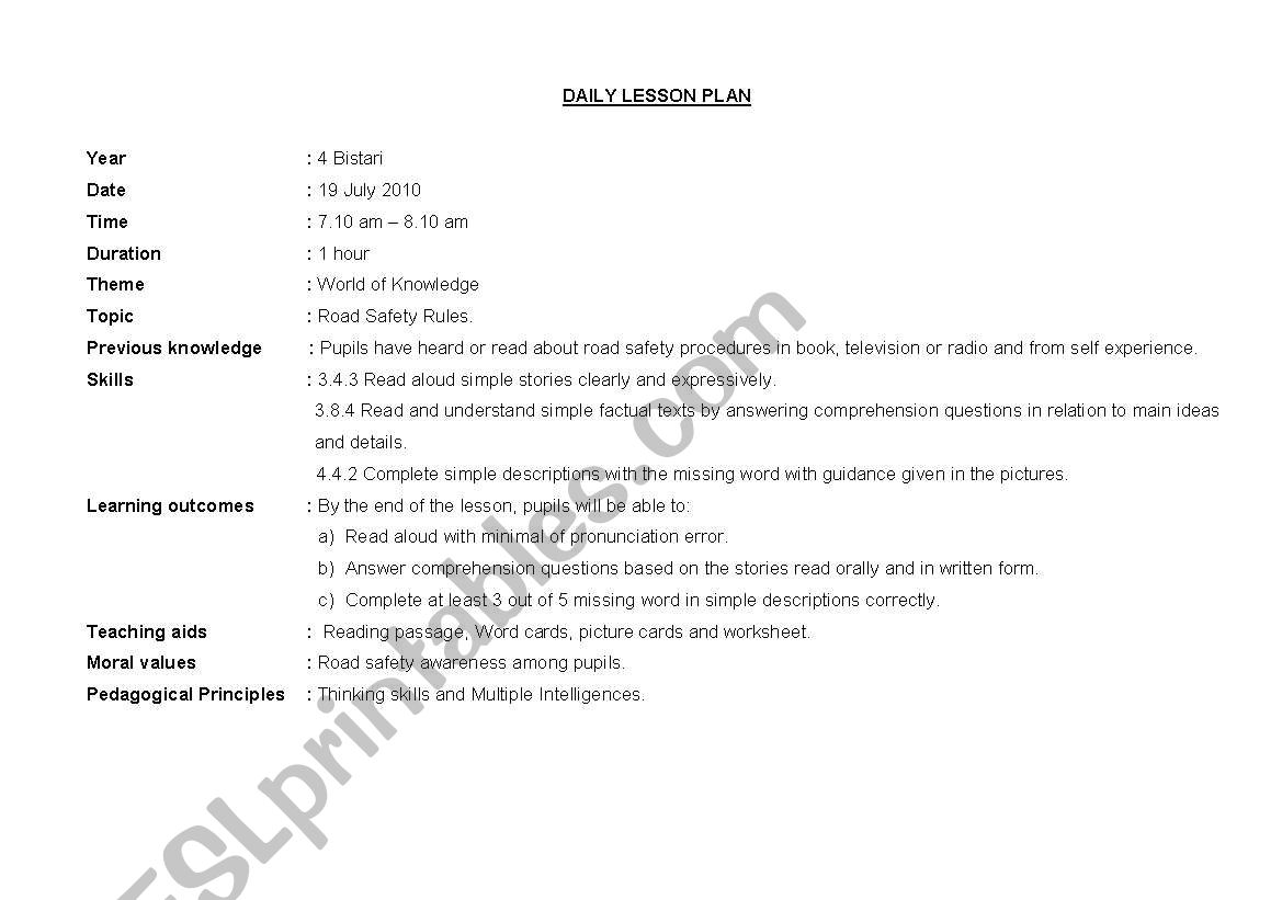 Road safety Rules worksheet