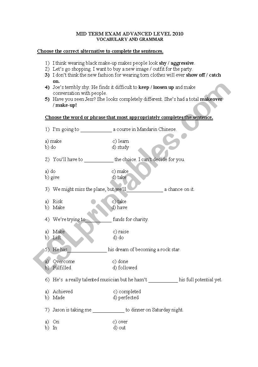 mid term exam for advanced students