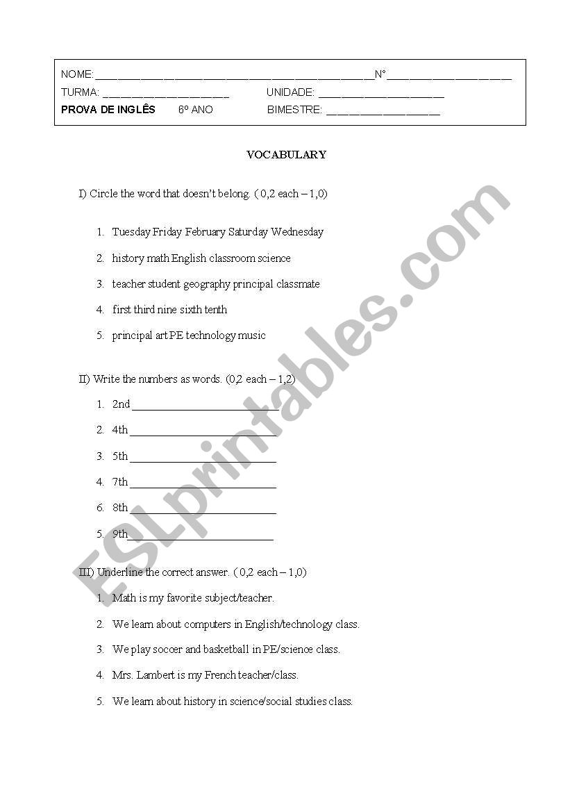 6 th grade worksheet