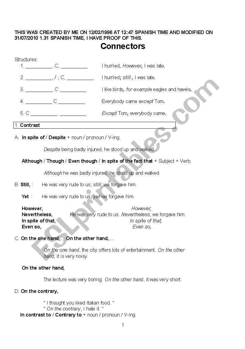 STUDY AND PRACTISE CONNECTORS worksheet