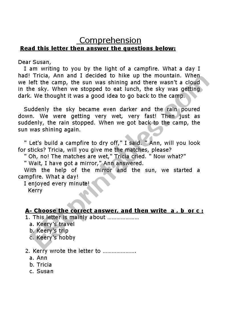 Comprehension test worksheet