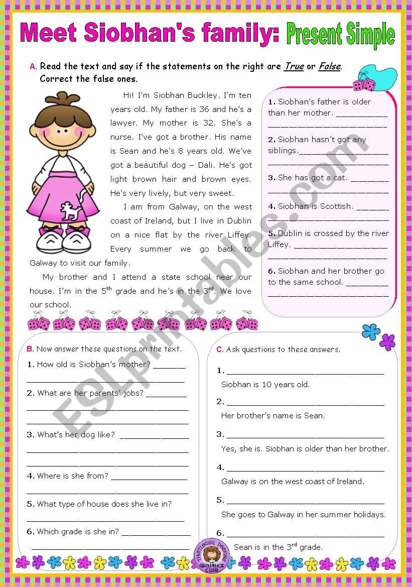Meet Siobhan´s family (Simple Present) - Reading Comprehension leading to  Writing - ESL worksheet by mena22