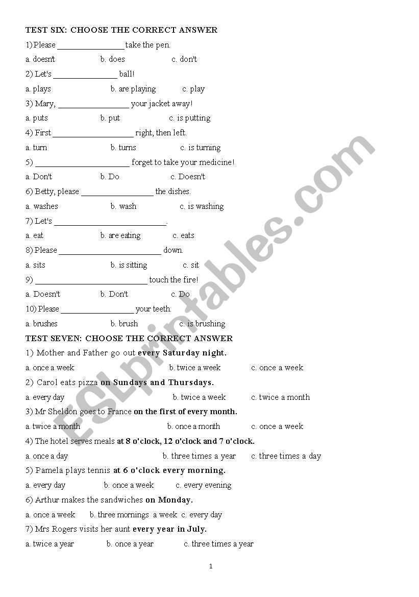 Tests Six to Ten worksheet