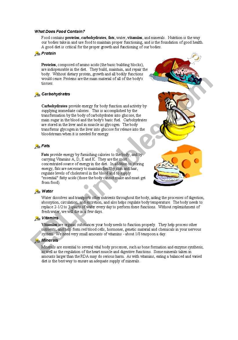what does food contain? worksheet