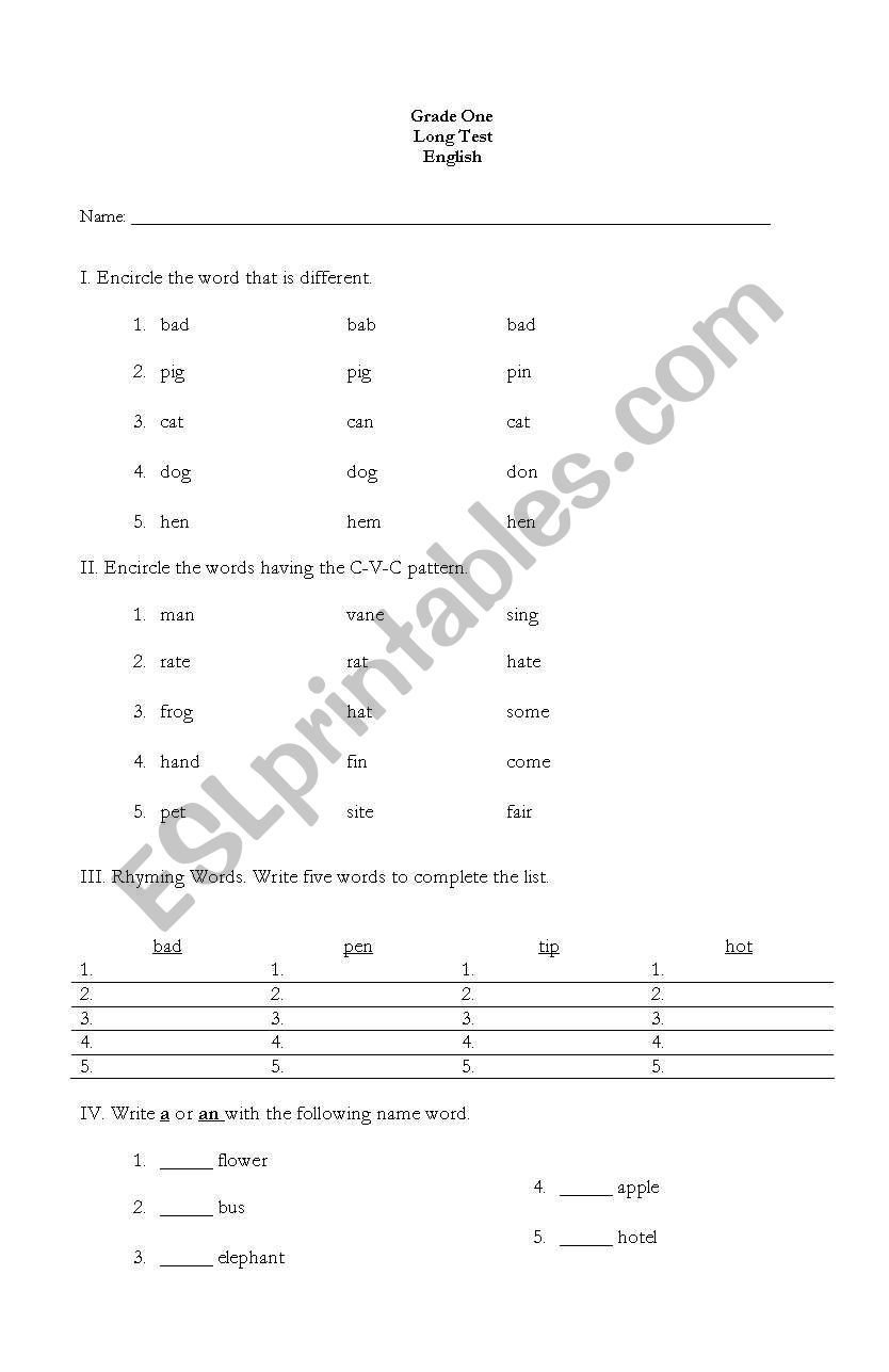 Long Test in English 1 worksheet