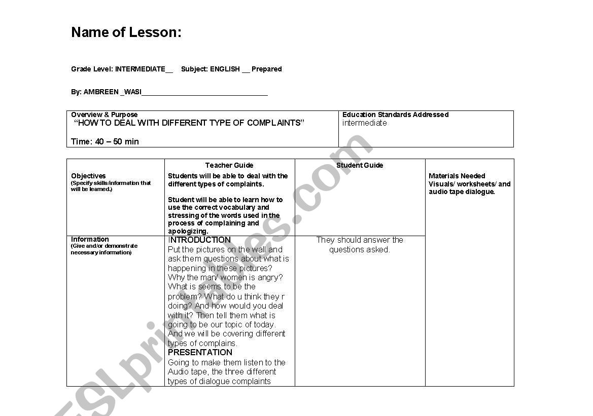 dealing with complaint worksheet