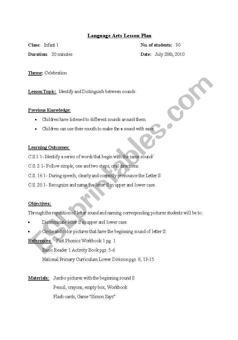 Lesson Plan for Letter S worksheet