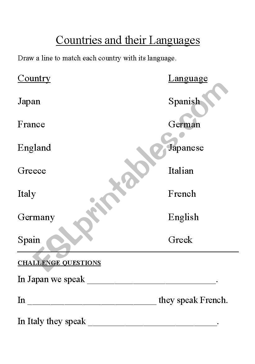 Countries and their Languages worksheet