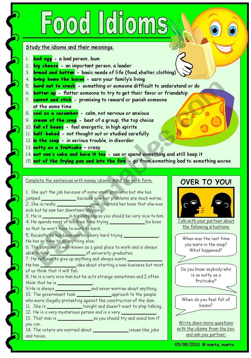 Food Idioms - B&W version, Key included - ESL worksheet by marta_marta