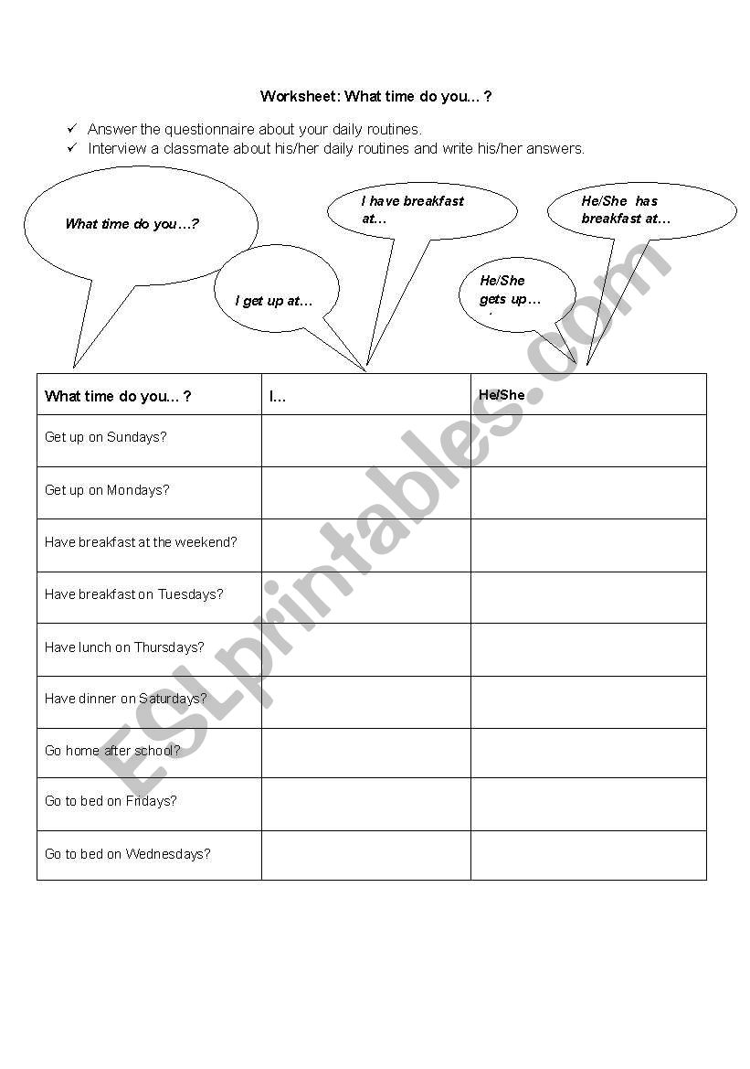 Daily routines worksheet