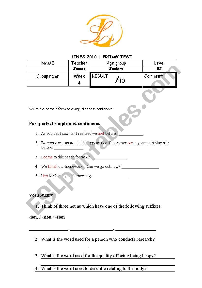 Test sheet worksheet